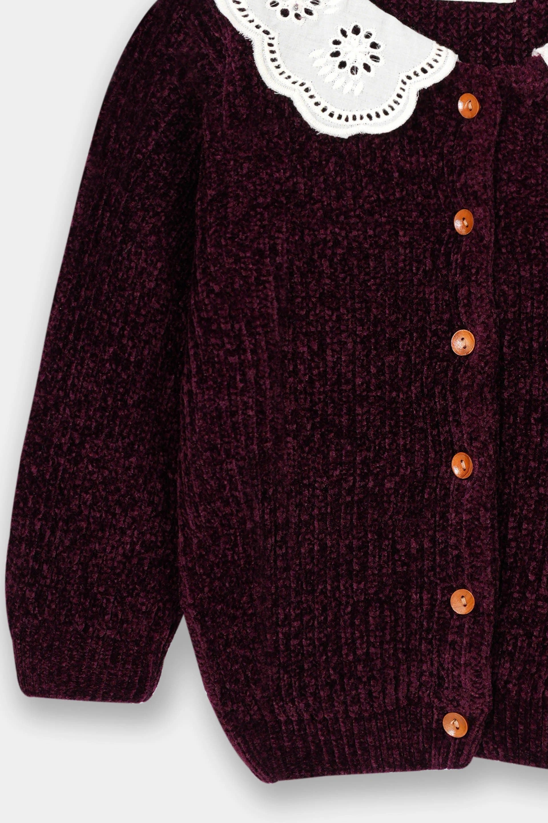 Infant Girls Sweater In Velvet Yarn With Woven Collar